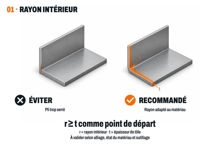 Deux équerres en tôle : pli très fermé avec une fissure par rapport à un pli arrondi, avec le rayon intérieur mis en évidence en orange.