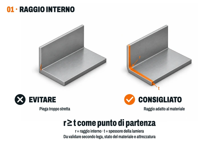 Due squadrette di lamiera: piega molto stretta con una fessura di fronte a una piega arrotondata, con il raggio interno evidenziato in arancione.