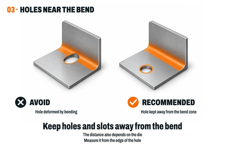 Hole too close to the bend that has become oval, compared to a circular one located further away; the bending zone and edges are highlighted in orange.