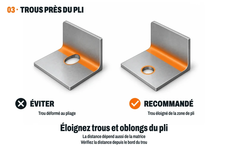 Alésage trop proche du pli qui s'est ovalisé, comparé à un alésage circulaire situé plus loin ; la zone de pli et les bords sont mis en évidence en orange.
