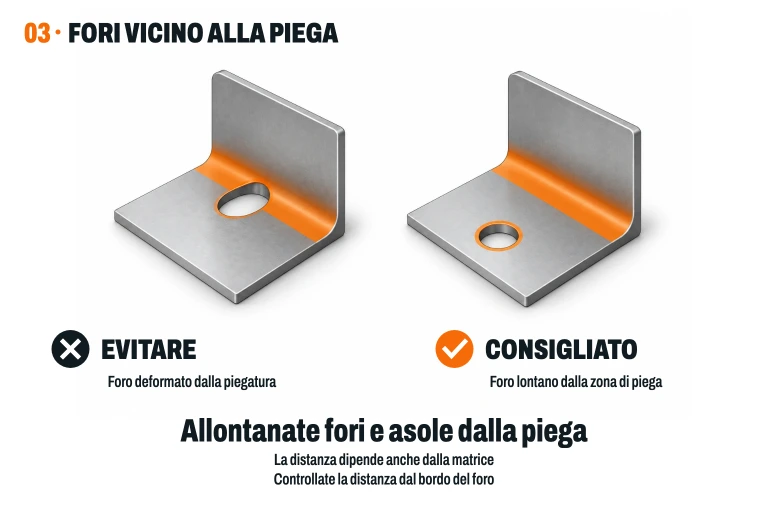 Foro troppo vicino alla piega che si è ovalizzato, rispetto a uno circolare situato più lontano; la zona di piega e i bordi sono evidenziati in arancione.