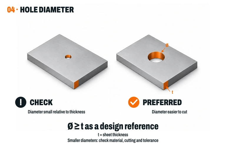Two sheets of the same thickness with a small hole and a wider one; the hole walls and thickness are marked in orange.