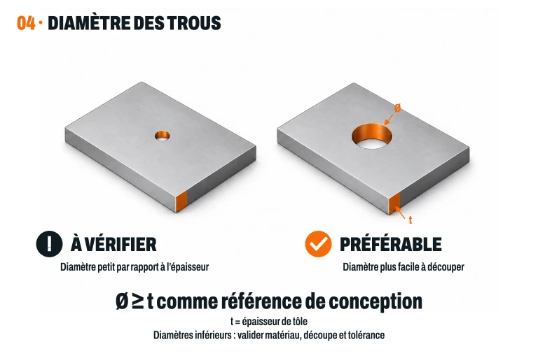 Deux tôles de même épaisseur avec un alésage petit et un autre plus large ; les parois des alésages et l'épaisseur sont marquées en orange.