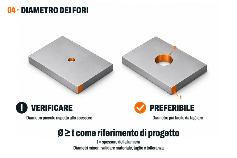 Due piastre dello stesso spessore con un foro piccolo e uno più ampio; le pareti dei fori e lo spessore sono marcati in arancione.