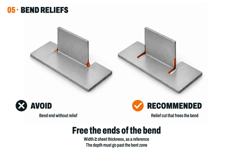 Center tab bent with tears at its ends opposite a tab with two open and rounded relief cuts, highlighted in orange.