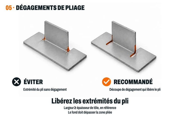 Onglet central plié avec des déchirures à ses extrémités face à un onglet avec deux soulages ouverts et arrondis, mis en évidence en orange.