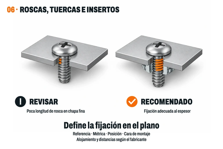 Sección de una rosca directa con poca longitud en una chapa fina frente a una unión con tuerca autoinsertable; el contacto de los filetes se resalta en naranja.