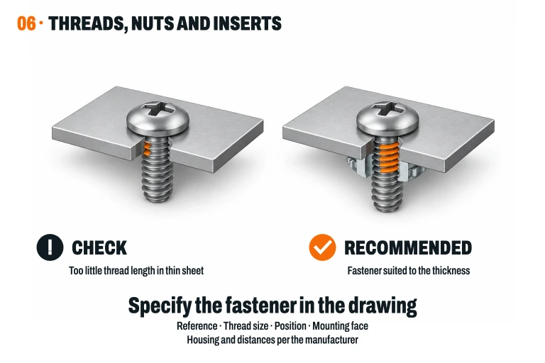 Section of a short direct thread on thin sheet metal opposite a union with a self-locking nut; the thread flanks contact is highlighted in orange.