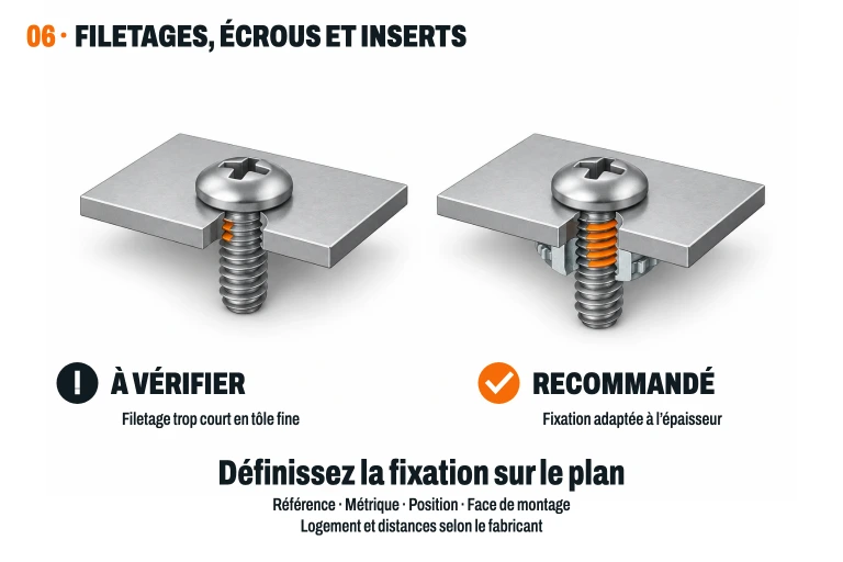 Section d'un filetage direct de faible longueur sur une tôle fine face à une union avec écrou auto-inséré ; le contact des filets est mis en évidence en orange.