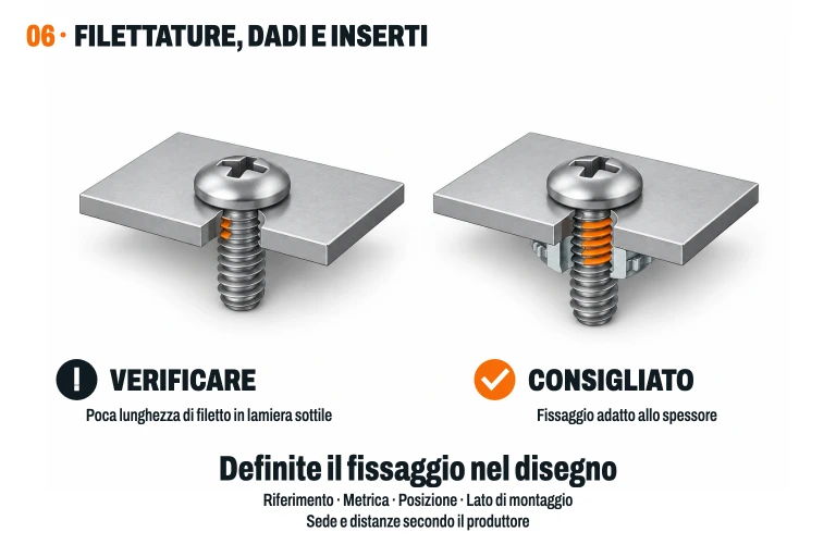 Sezione di una filettatura diretta con poca lunghezza in una lamiera sottile rispetto a un giunto con dado autoinseribile; il contatto dei filetti è evidenziato in arancione.