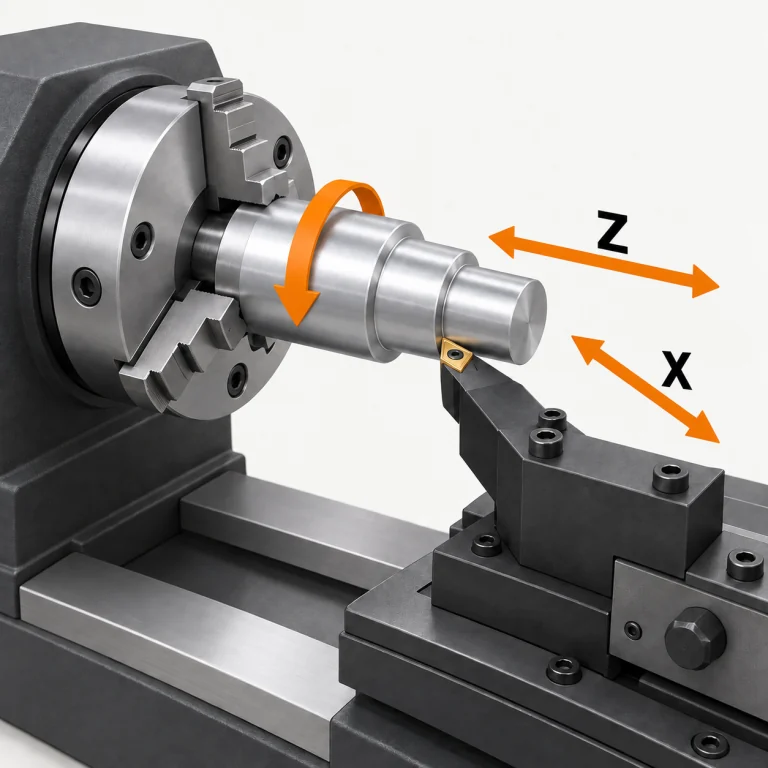 Illustrazione della tornitura CNC: la piastra fa ruotare un pezzo cilindrico e l'utensile di taglio avanza in X e Z