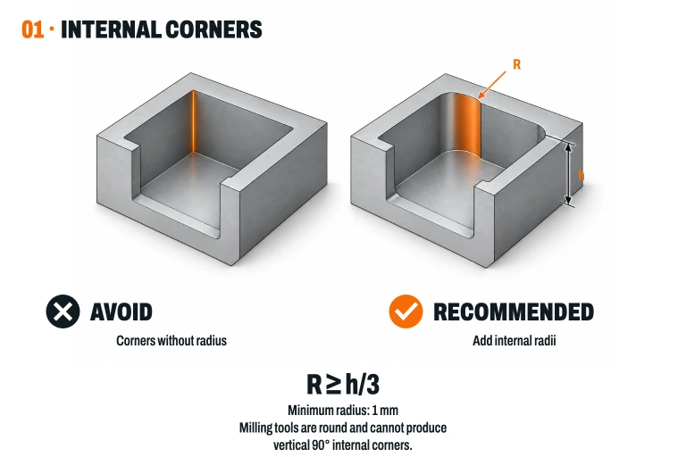 Vergleich einer Tasche mit scharfen inneren Ecken und einer mit inneren Übergangsradien. R ≥ h/3; minimaler Radius von 1 mm.