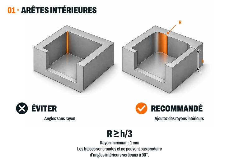 Comparaison d'une poche avec des coins internes vifs et d'une autre avec des rayons intérieurs. R ≥ h/3 ; rayon minimum de 1 mm.