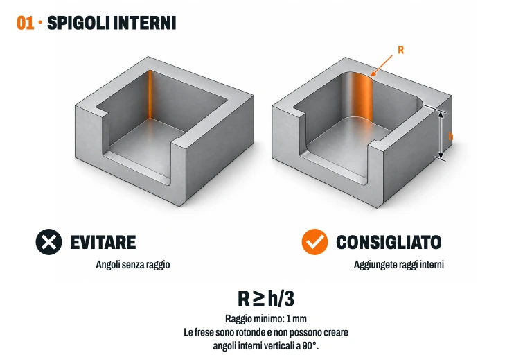 Confronto tra una tasca con spigoli interni vivi e una con raggi interni. R ≥ h/3; raggio minimo di 1 mm.