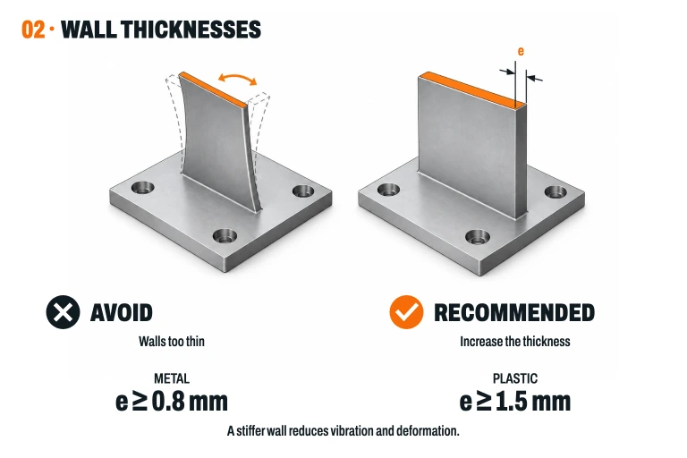 Vergleich einer dünnen Wand, die vibriert, und einer steiferen. Mindestwandstärke: Metall 0,8 mm; Kunststoff 1,5 mm.