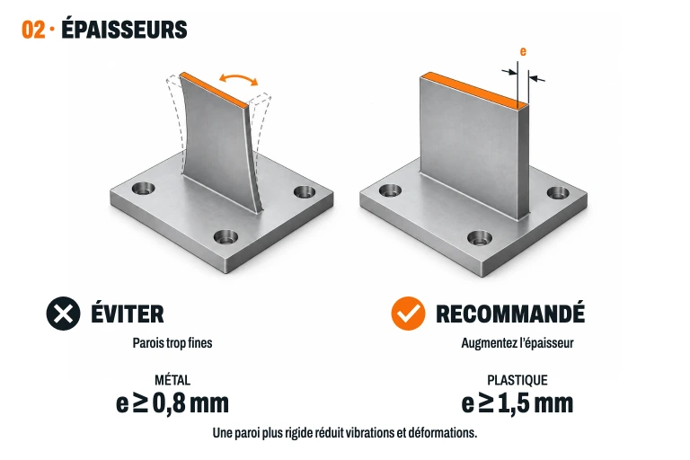 Comparaison d'un paroi fine qui vibre et d'une paroi plus rigide. Épaisseur minimale : métal 0,8 mm ; plastique 1,5 mm.