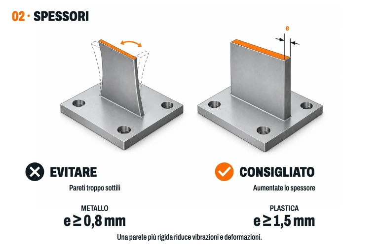 Confrontazione tra una parete sottile che vibra e una più rigida. Spessore minimo: metallo 0,8 mm; plastica 1,5 mm.