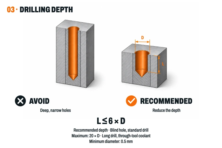 Bohrungstiefe: Sackloch L ≤ 6 × D mit Serienbohrer; Maximum dieser Richtlinie 20 × D mit Langbohrer und innerer Kühlung. Mindestdurchmesser 0,5 mm. Durchgangsbohrungen: ohne Tiefenangabe bis 9 × D; von 20 bis 40 × D, von beiden Seiten.