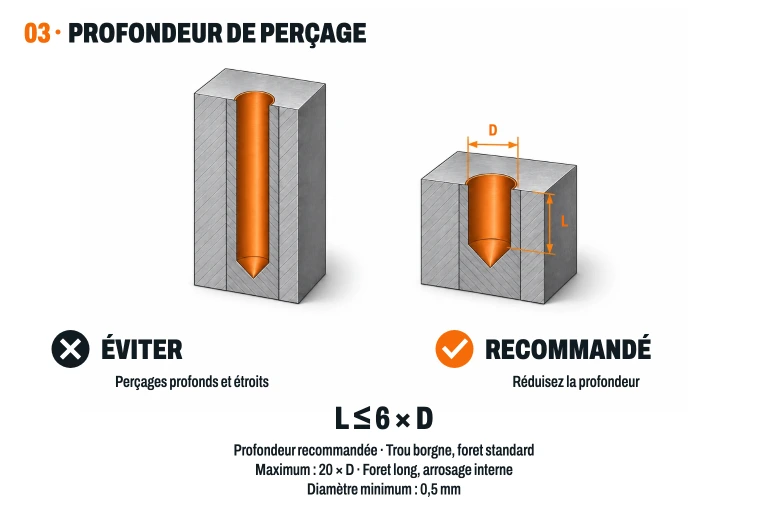 Profondeur de perçage : trou borgne L ≤ 6 × D avec un foret standard ; maximum de ce guide 20 × D avec un foret long et arrosage interne. Diamètre minimum 0,5 mm. Traversants : sans alerte de profondeur jusqu’à 9 × D ; de 20 à 40 × D, perçage des deux côtés.