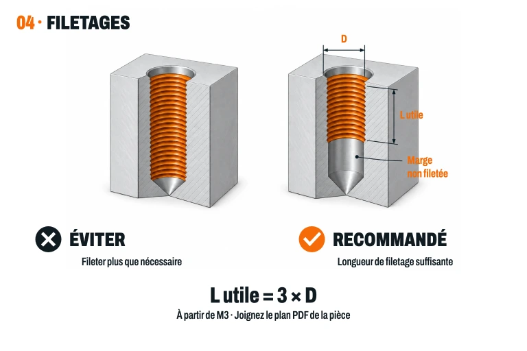 Filetage excessivement profond face à un filetage utile de 3 × D avec marge sans fileter avant le fond du perçage.