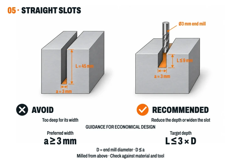 Zwei gerade Kerben mit parallelen Wänden: Vermeiden Sie 3 mm Breite bei 45 mm Tiefe als übliches Design; mit einer Fräser von Ø3 mm ist eine Zieltiefe von bis zu 9 mm möglich. Wirtschaftliche Ausrichtung: Breite ist bevorzugt ab 3 mm und Tiefe L ≤ 3 × D des Fräsers; validieren Sie dies gemäß Material und Werkzeug.