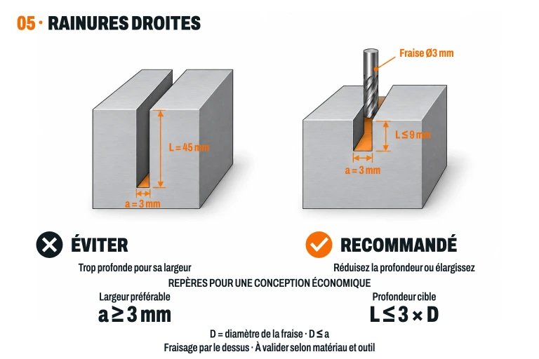 Deux rainures droites avec parois parallèles : évitez 3 mm de largeur pour 45 mm de profondeur comme conception habituelle ; avec une fraise de Ø3 mm, profondeur cible jusqu'à 9 mm. Orientation économique : largeur préférable depuis 3 mm et profondeur L ≤ 3 × D de la fraise ; valider selon matériau et outil.