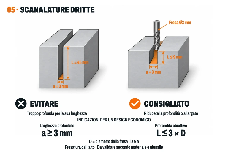 Due scanalature rette con pareti parallele: evitare 3 mm di larghezza per 45 mm di profondità come progetto standard; con frese da Ø3 mm, profondità target fino a 9 mm. Orientamento economico: larghezza preferibile da 3 mm e profondità L ≤ 3 × D della fresa; validare in base al materiale e all'utensile.