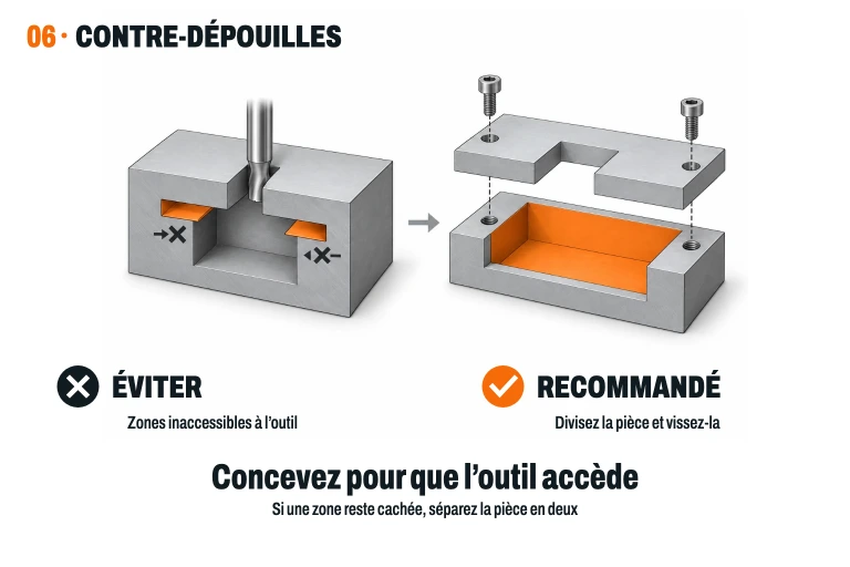 Cavité avec zones inaccessibles sous un saillant face à une pièce divisée en corps et capuchon vissé.