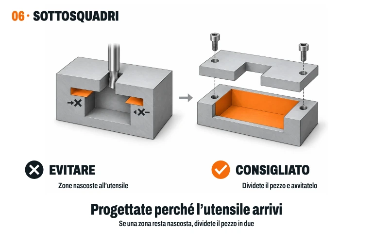 Cavità con zone inaccessibili sotto un saliente rispetto a un pezzo diviso in corpo e coperchio filettato.