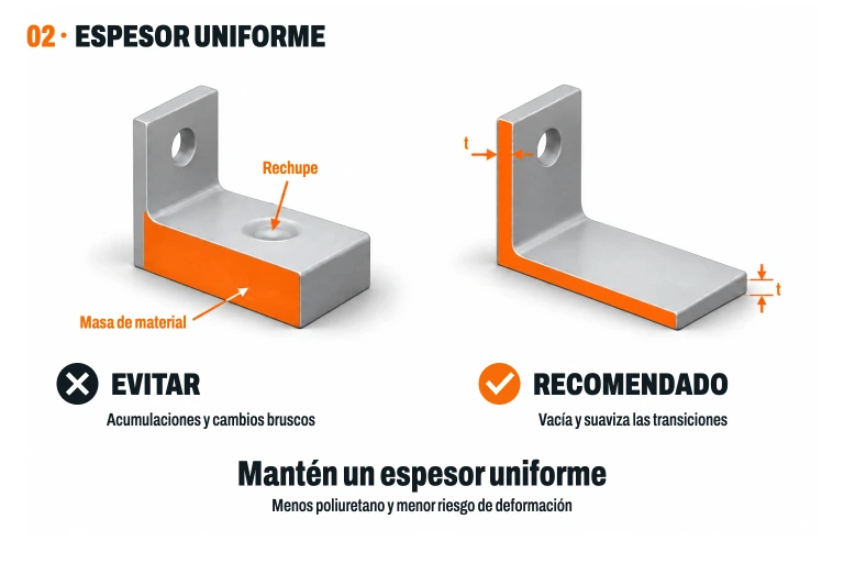 Comparación de una pieza con una acumulación maciza y rechupe frente a una sección hueca con paredes uniformes y transiciones suaves.