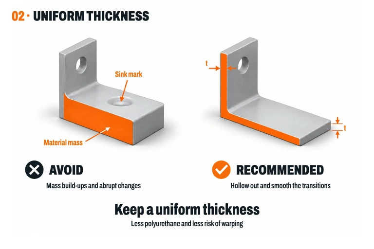 Comparison of a part with a thick solid mass and a sink mark versus a hollow section with uniform walls and smooth transitions.