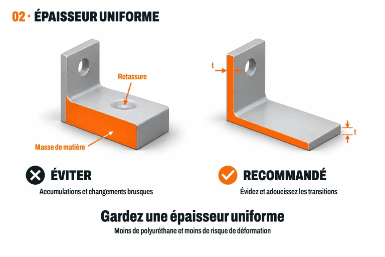 Comparaison d'une pièce avec une accumulation pleine et une retassure par rapport à une section creuse aux parois uniformes et aux transitions douces.
