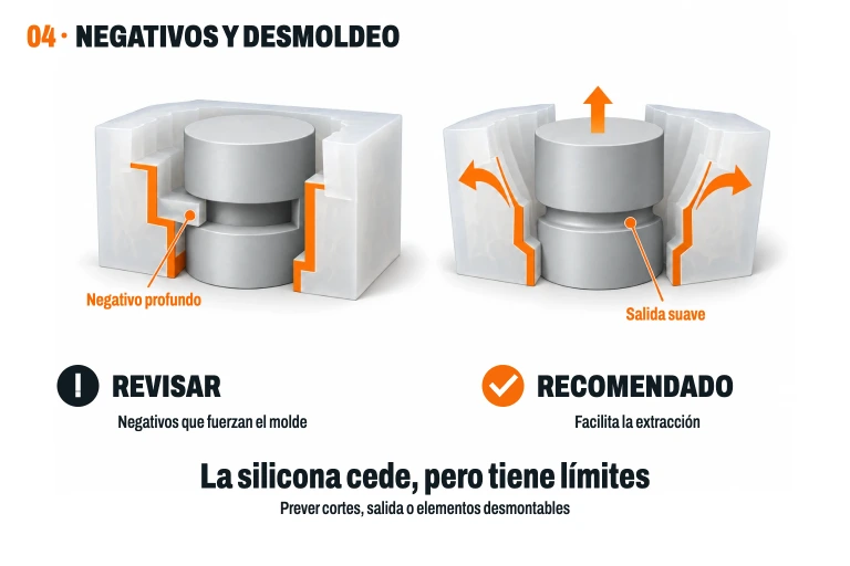 Un negativo profundo que retiene la silicona requiere revisión. Un negativo suave y redondeado permite abrir el molde con menos deformación. La extracción debe planificarse.