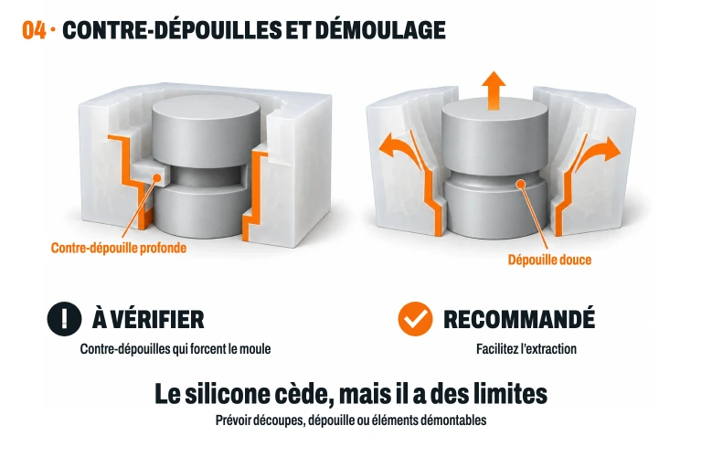 Un contre-dépouille profond qui retient la silicone nécessite une révision. Un contre-dépouille doux et arrondi permet d'ouvrir le moule avec moins de déformation. L'extraction doit être planifiée.