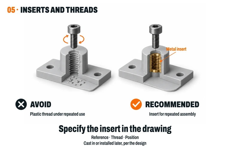 For repeated assemblies, compare a worn plastic thread with a threaded metal insert housed in polyurethane. Specify the reference, thread, and position on the drawing.
