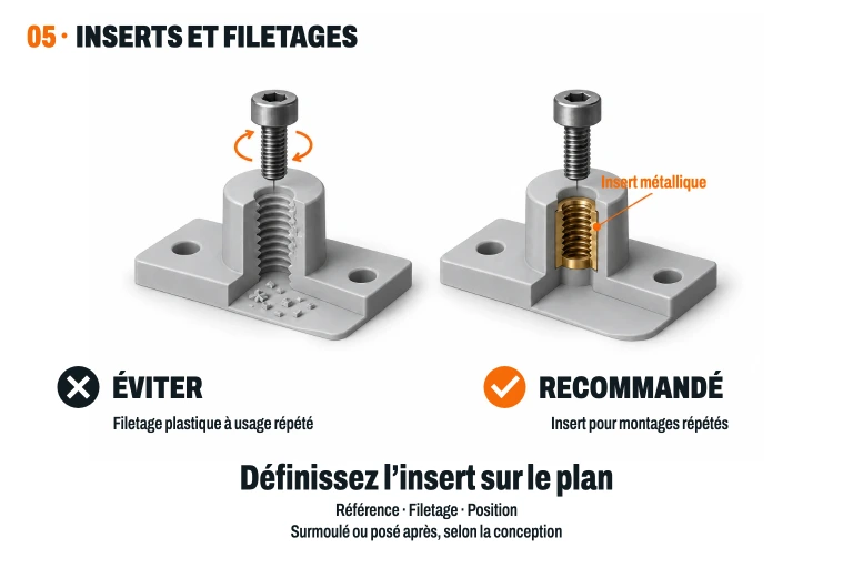 Pour les montages répétés, comparaison d'un filetage en plastique usé avec un insert fileté métallique logé dans du polyuréthane. La référence, le filetage et la position doivent être spécifiés dans le plan.