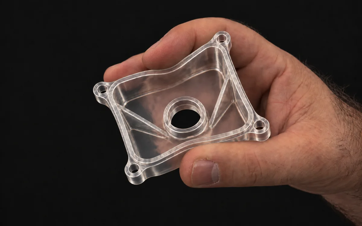 La misma carcasa colada en PU flexible transparente, doblada con la mano.