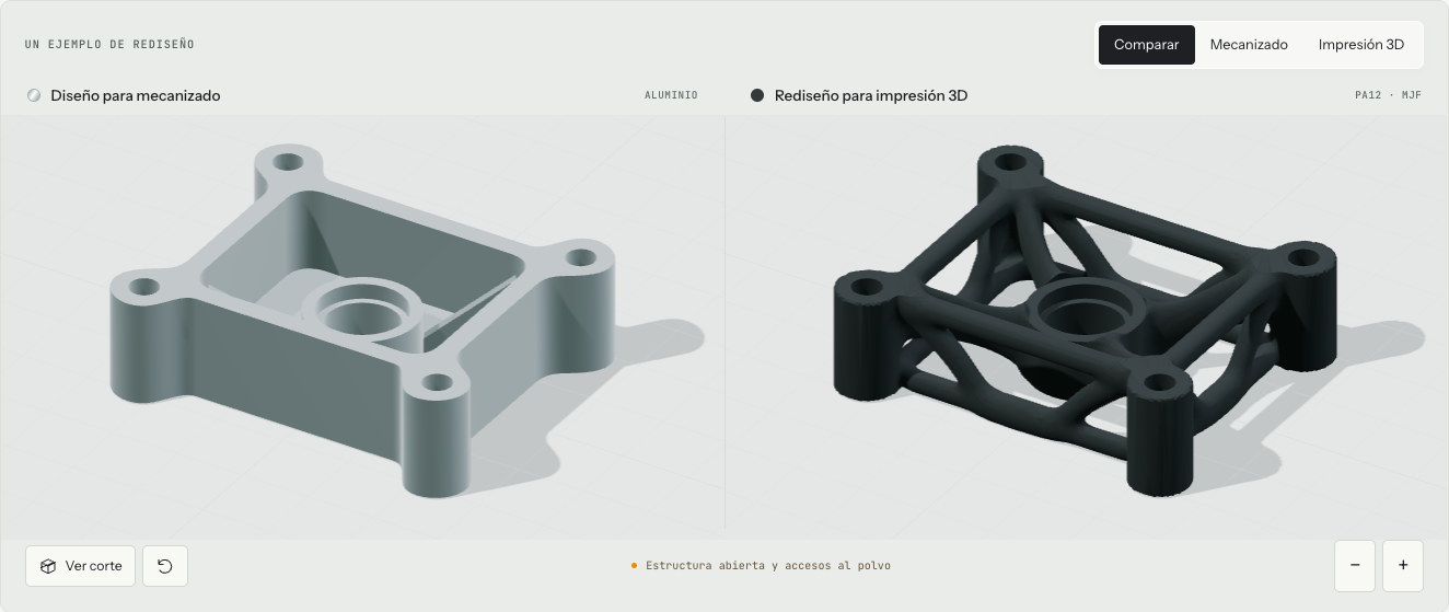Avant : support d'usinage en aluminium avec parois et fond. Après : redesign ouvert en PA12 avec nervures courbes et grands alésages.