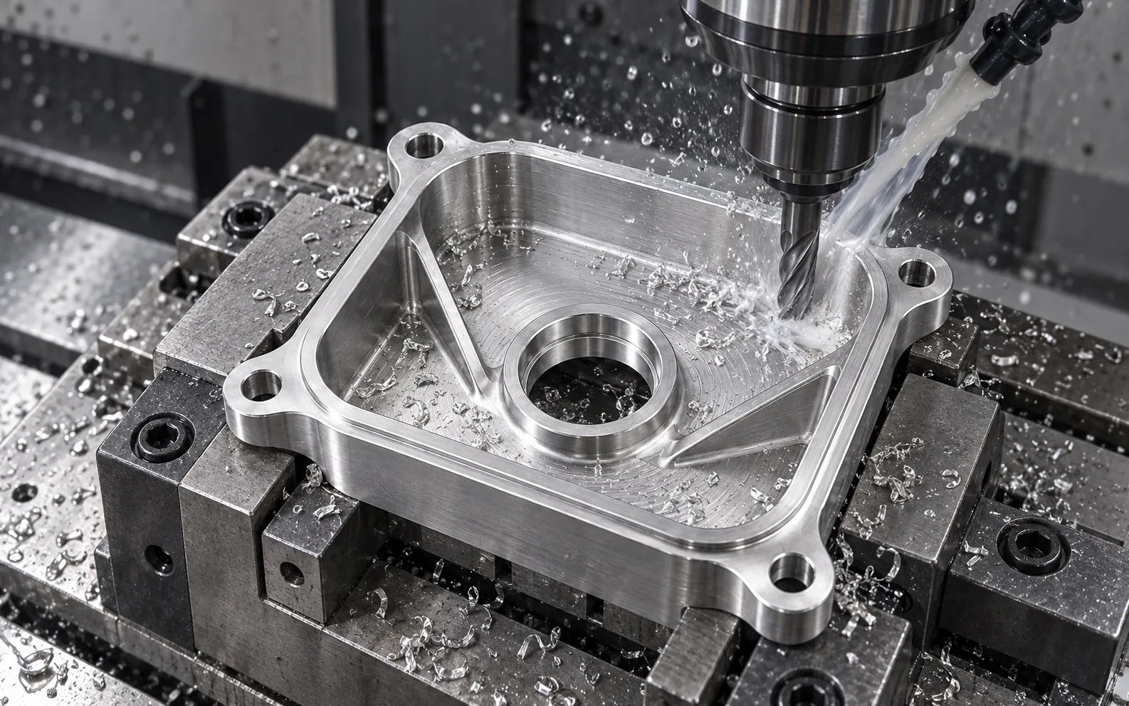 Mecanizado CNC de la carcasa de aluminio con refrigerante.
