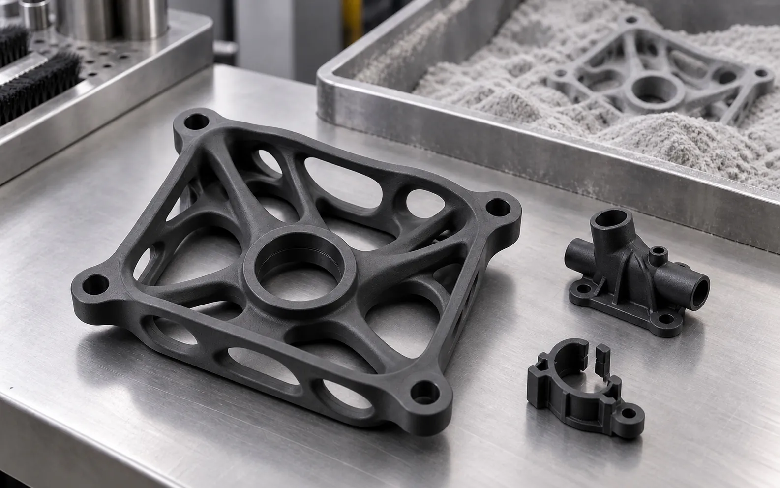 Soporte orgánico de PA12 negro fabricado mediante Multi Jet Fusion, con la pieza en verde aún en el lecho de polvo.