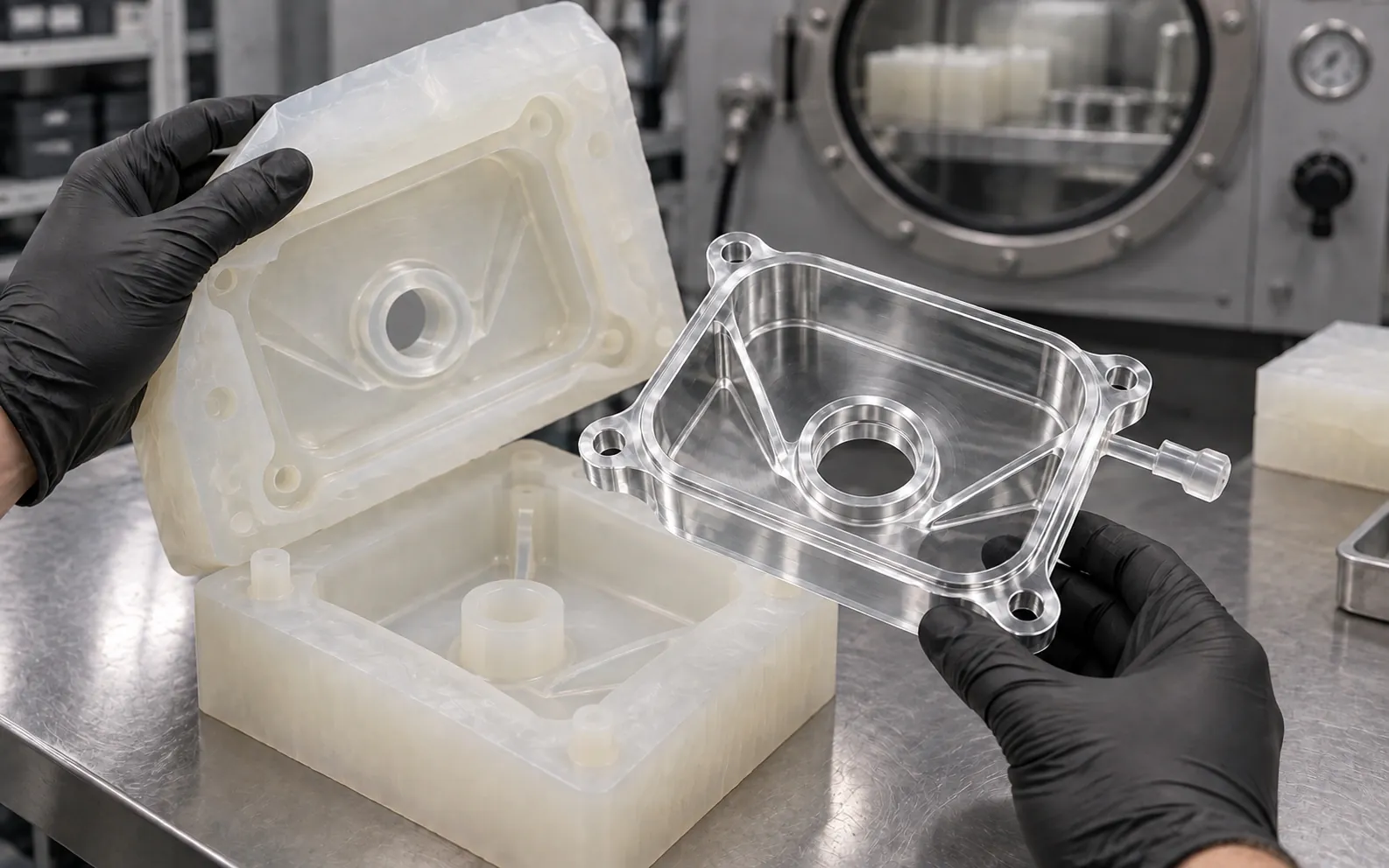 Extracción de la carcasa de poliuretano transparente de un molde de silicona.