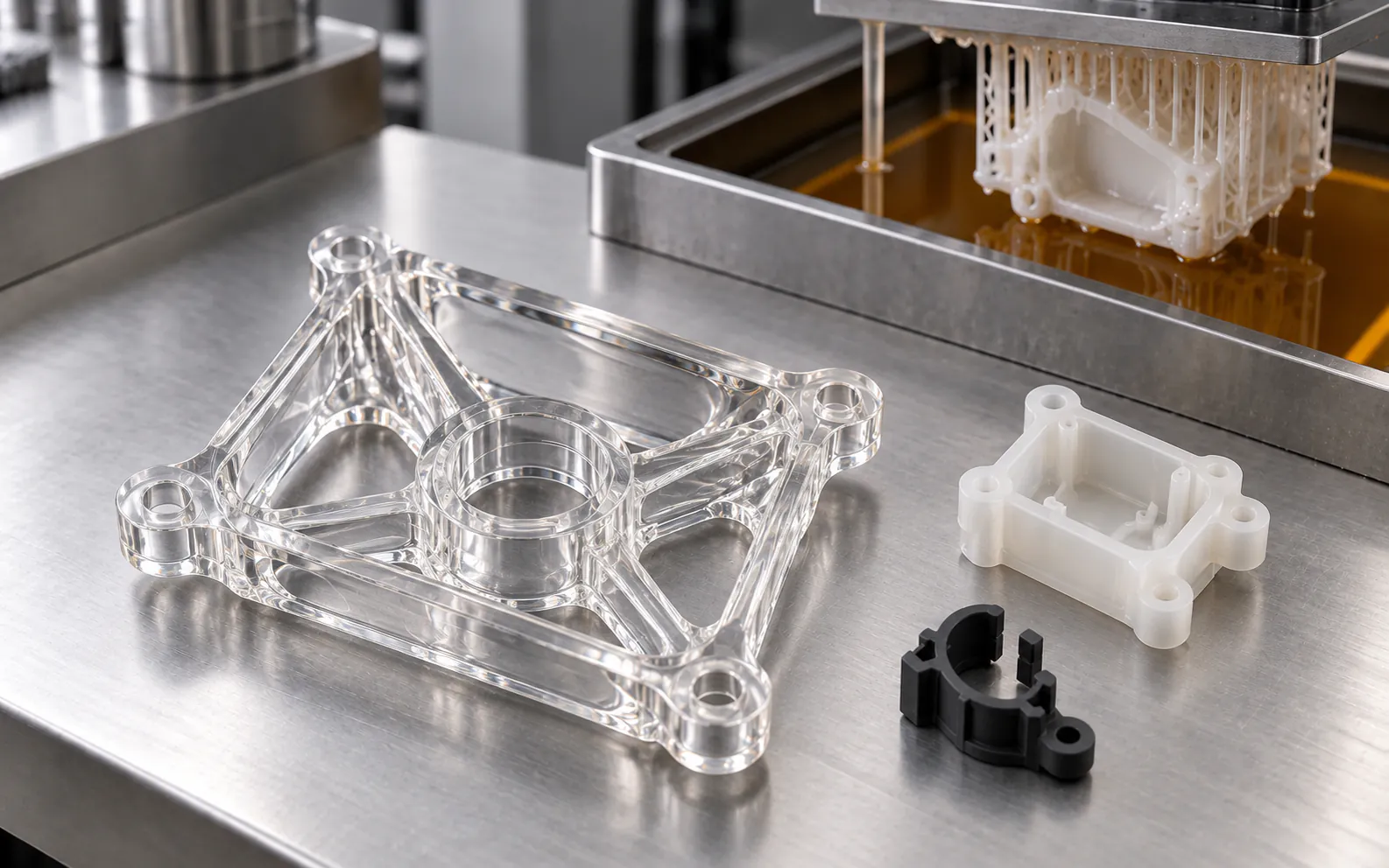 Pièces imprimées par stéréolithographie sur une table en acier : un boîtier transparent poli, une boîte blanche et un clip noir. En arrière-plan, une pièce blanche encore fixée par ses supports à la plateforme, au-dessus de la cuve de résine.